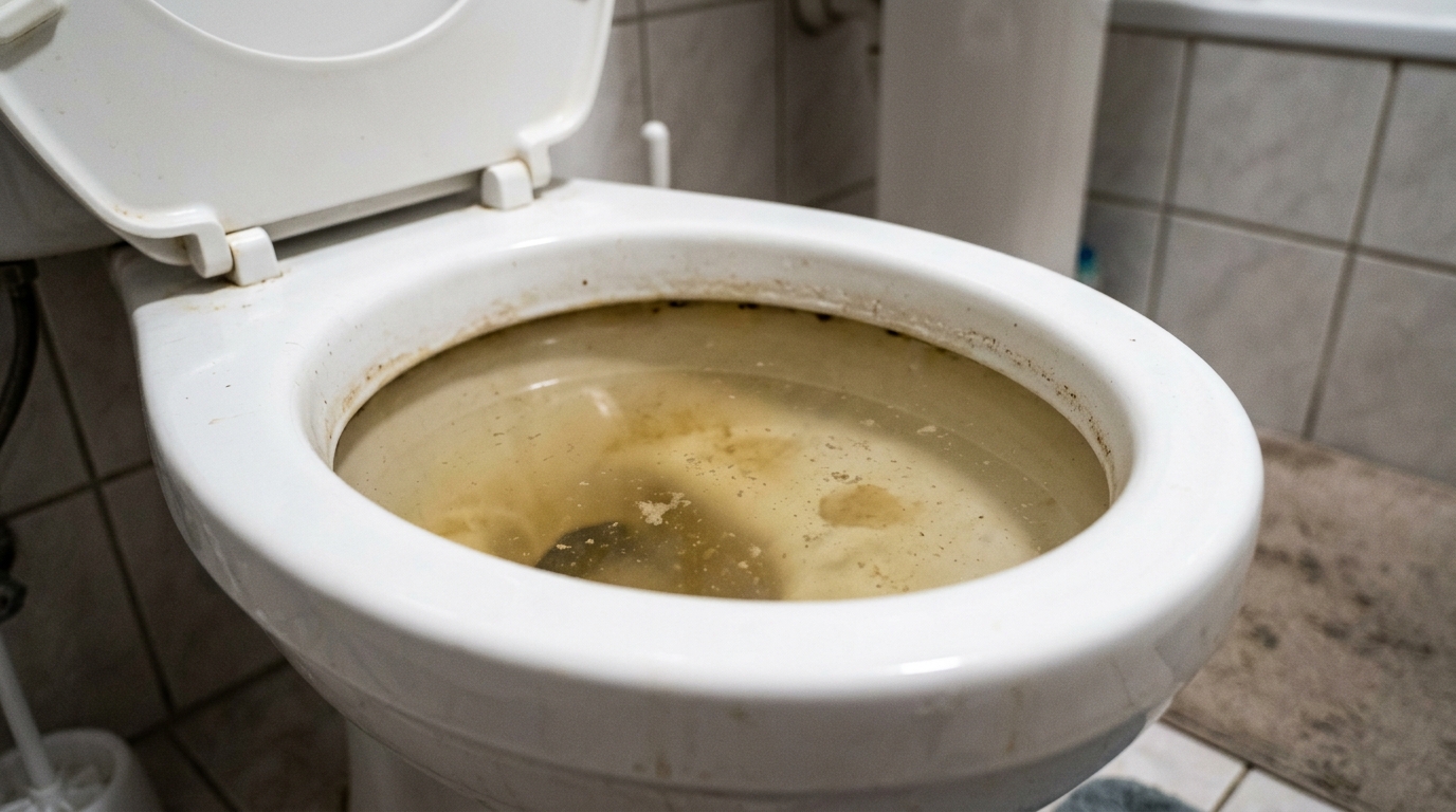 Vaso sanitário com nível da água muito alto, próximo de transbordar